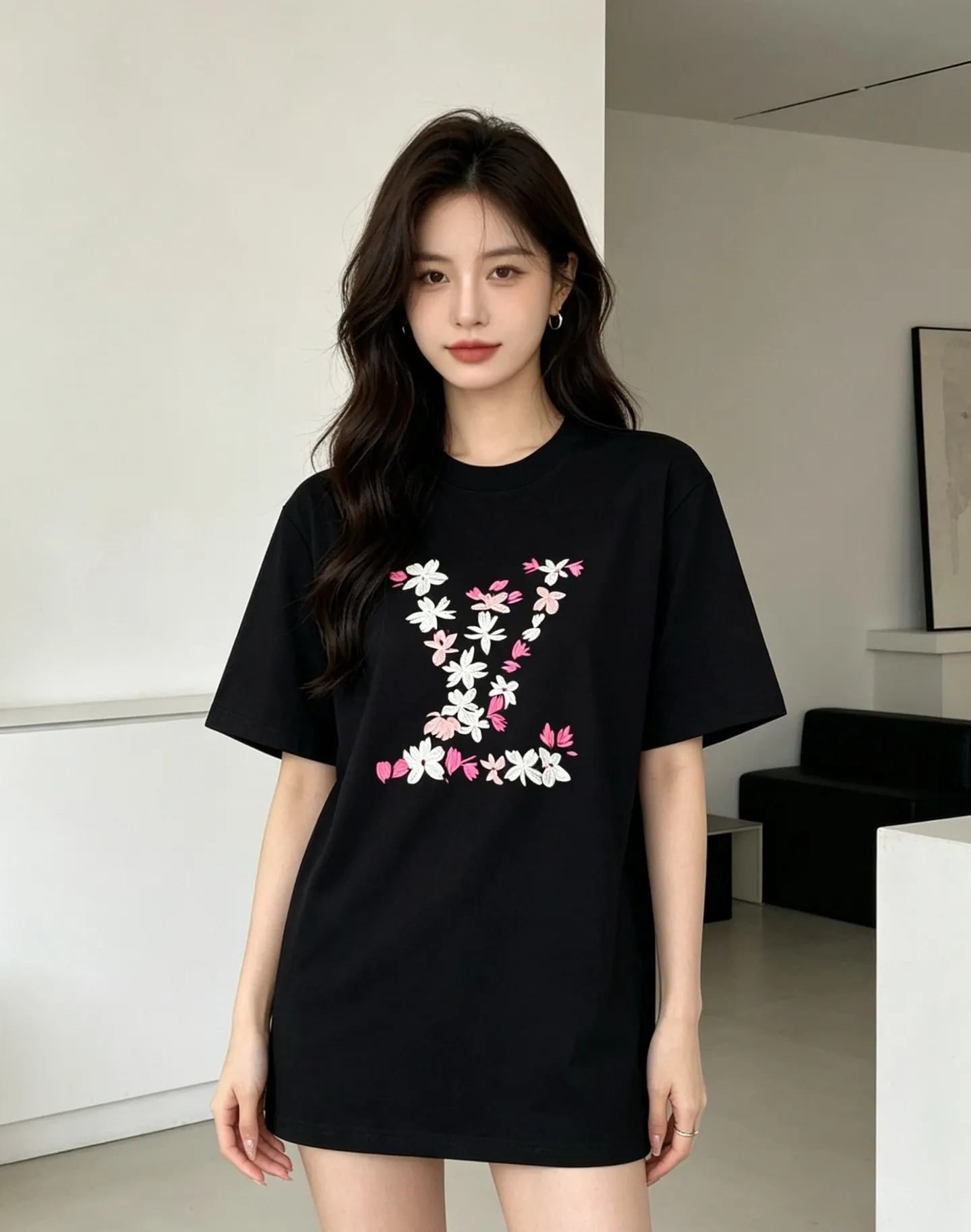 Louis Vuitton/Louis Vuitton 26ss cherry blossom embroidered LV logo short sleeves